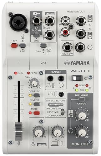 Yamaha AG03MK2 3-Channel Live Streaming Mixer with USB Audio Interface, for Windows, Mac, iOS and Android, in White