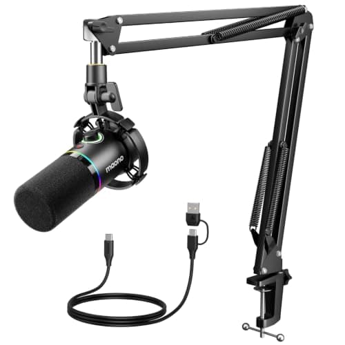 MAONO XLR/USB Dynamic Microphone Set, RGB Podcast Microphone with Boom Arm, Software, Mute Button, Gain Control, for PC Gaming, Streaming, Recording, PS4/5 Mac Mixer, etc. PD200XS Black