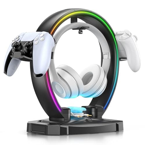 KDD RGB Headphone & Controller Stand with 9 Light Modes - Foldable Controller Hanger for Desk - Earphone Stand with Cable Organizer - for Gamers Desktop Accessories