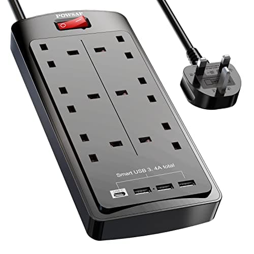 POWSAF 6 Way Extension Lead with 4 USB Slots (3.4A, 1 Type C and 3 USB-A Ports),Power Strip Extension Cord with 6 Plug Extension Socket and 2M Extension Cable for Home Office Travel,Black
