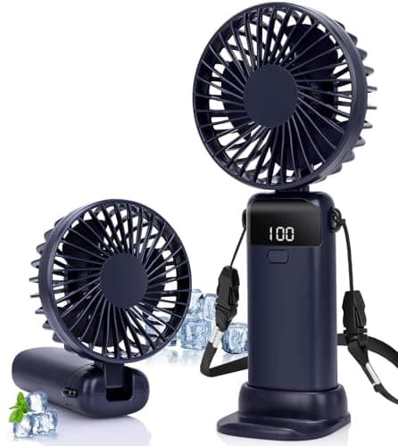 Handheld Fan, 19H Portable USB Hand Held Fans Rechargeable with 5 Speeds, Power Display, Battery Operated Desk Fan, Small Personal Fan with Base, Hanging Rope, Suit for Home Office Travel Essentials