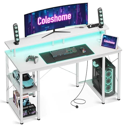 Coleshome Gaming Desk with LED Lights, 120x50 cm, Carbon Fiber White