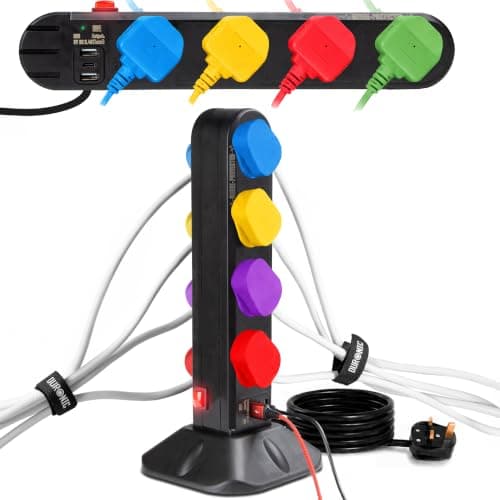 Duronic 8 Socket Extension Tower ST8B | 2 Metre (2M) Power Cable | BLACK | 8-Gang Extension Lead for UK Plug Sockets | Surge & Spike Protection | Max. 3000W Capacity