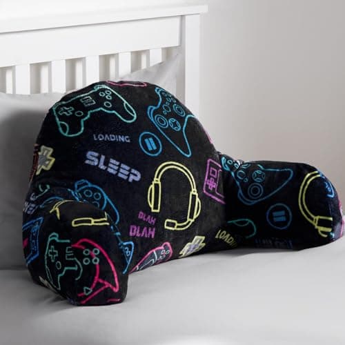 OHS Cuddle Cushion for Kids, Gamer Gifts for Boys Reading Pillow Super Soft Cosy Teddy Fleece Gaming Cushion with Arms Backrest Sit Up in Bed Pillow Relaxing Comfy Teen Boy Gifts, Black