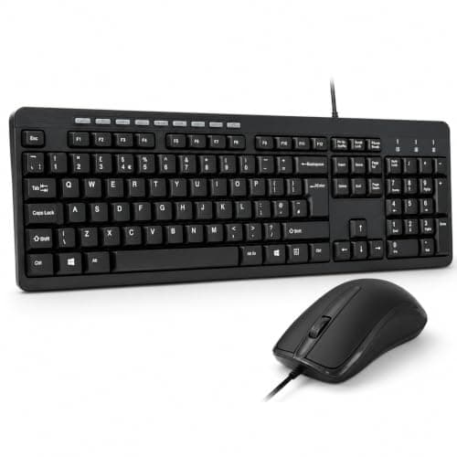 Combrite Wired Keyboard and Mouse Set, Full Size UK Layout Keyboard, Spill Resistant, Dedicated Multimedia Shortcut Keys, Comfort Optical Mouse, for Desktop PC, Laptop Computers, Black