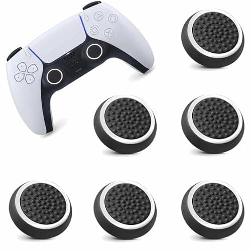 6PCS Silicone Thumb Grip Caps - Anti-Slip Texture Black with White Rings - Xbox/PS5/Switch Controller Joystick Covers - Compatible with PS5, Xbox Series X/S, Nintendo Switch