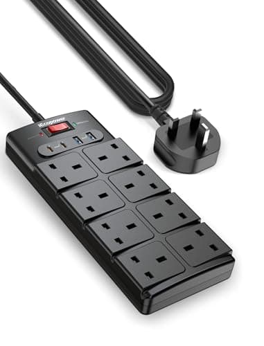 IECOPOWER Extension Lead with USB Slots,2 USB C Fast Charge Ports(PD20W) and 2 USB-A Ports(18W),Power Strip Surge Protector with 8 way plug extension Socket and 2M Extension cable,Black