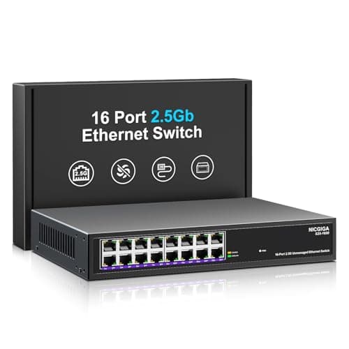 16 Port 2.5Gb Ethernet Switch Unmanaged, NICGIGA 16 Port 2.5G Network Switch, Plug & Play, Desktop or 19-inch Rack Mount, Fanless Metal Design.