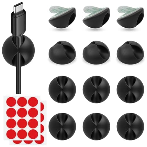 12PCS Cord Holder Cable Clips, Cord Organizer Holder with Back Adhesive for Phone Charger Mouse Laptop, Wire Management Keeper for Desk Office Home Nightstand Wall (12PCS Black)