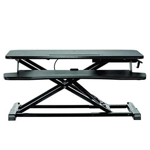 Fellowes Corsivo Easy To Assemble Height Adjustable Standing Desk Converter for Home and Office - Free Standing Sit Stand Desk for Dual Monitors or Laptop and Monitor - Max Weight 17KG - Black