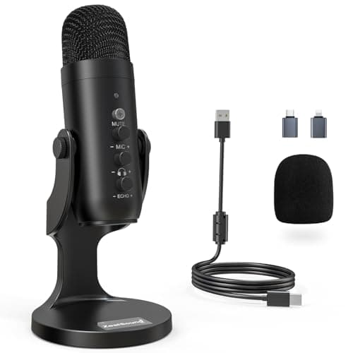 zealsound USB Microphone, Podcast Mic for PC, iPhone & Phones, k66 Black | Cardioid Condenser Mic, Noise Reduction, Mute, Gain, Echo & Monitor, Plug & Play, Studio Recording, Gaming, Streaming, ASMR