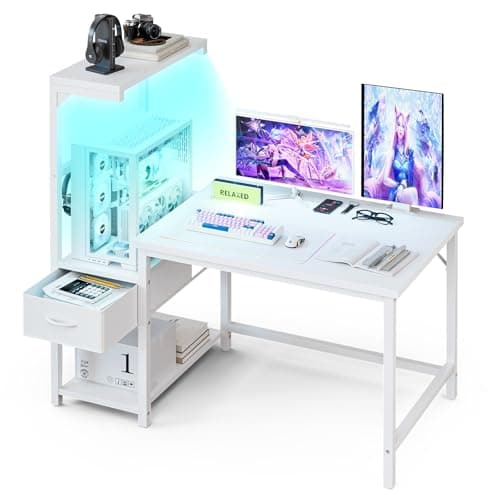 Grandder Gaming Desk 104 cm with CPU Stand and LED Light, Computer Desk with Reversible Shelves and Storage Drawer, Pc Small Desk for Home Office Table with Bag, Carbon Fiber White
