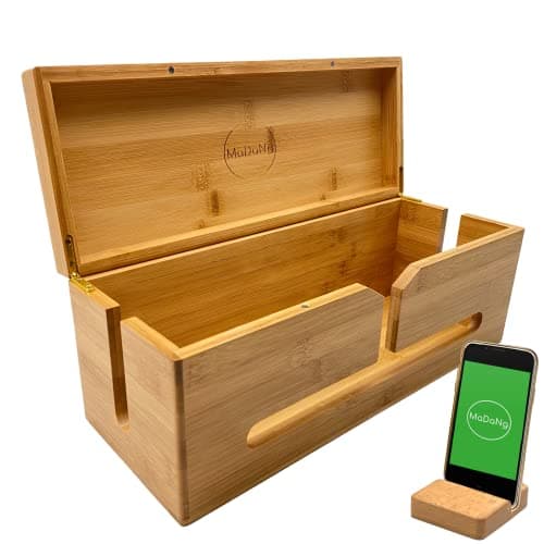 MaDaNg Cable Tidy Box Wood - 37x14x14cm Cable Management Box Large for Storage Extension Lead - Wire Tidy Cable Box - Bamboo Storage Box with hinged lid -Suitable for Organising Home and Office