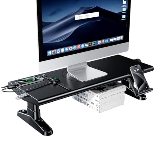 NIFBANG Monitor Stand Riser for Desk with 6 Usb Ports,30W Charging 5Gbps 3.0 Usb C Hub Dock,11.3-14.6cm Height Adjustable with Phone Holder,Single Computer Stands Riser for Laptop,Printer,TV (Black)