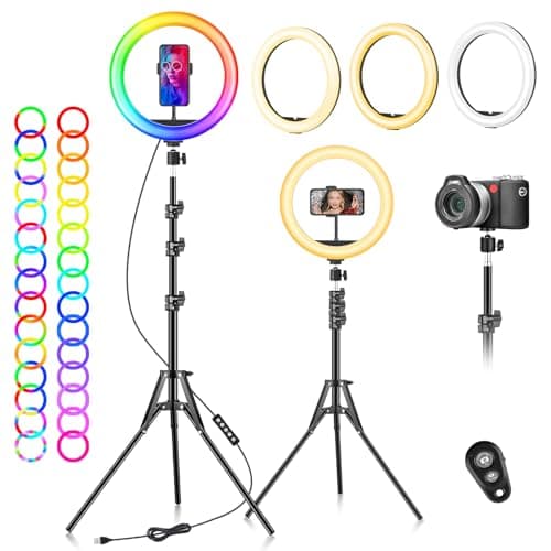 Ring Light with Tripod Stand & Phone Holder - 10 inch Selfie LED Ringlight | Dimmable Desktop Lamp, 40 Colors RGB Tall Circle Light for Camera Makeup Video YouTube Live Streaming Zoom Meeting