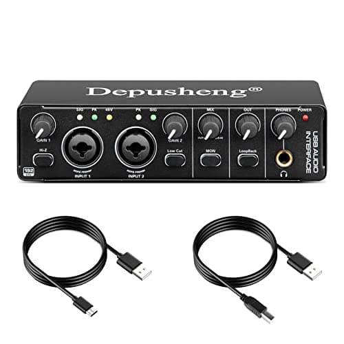 Depusheng RX2 USB audio interface computer recording sound card audio mixer, audio interface for home studio, can connect 48V condenser microphone, guitar recording