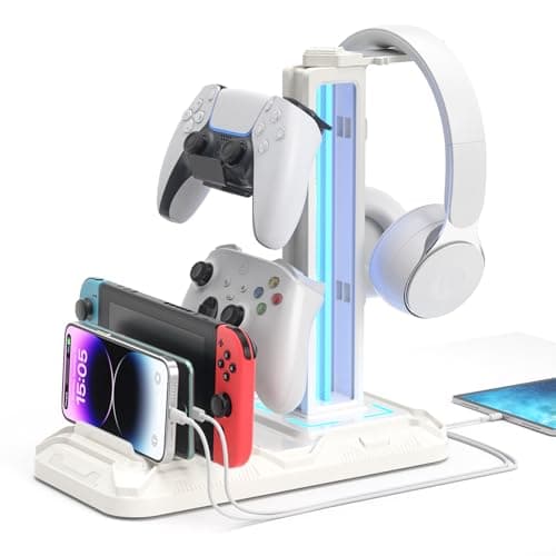 KDD Headset Stand with Charging Station - Detachable Headset Controller Holder Stand with 9 Light Modes, Rotatable Headphone Hanger with USB Charging Ports for PC Gaming Accessories Storage (White)