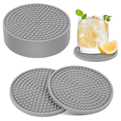 8 Grey Coasters, Raised Anti-Skid Design Round Mug Coaster Set, 10*10*0.5cm