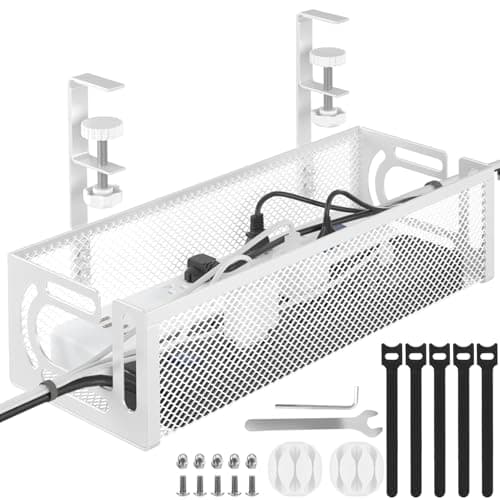 Tivddikun Cable Management, Under Desk Cable Management, Desk Cable Tidy | Cable Tray Under Desk, Under Desk Cable Management Tray No Drill with Clamp Mount, Cable Organiser for Home Office, White