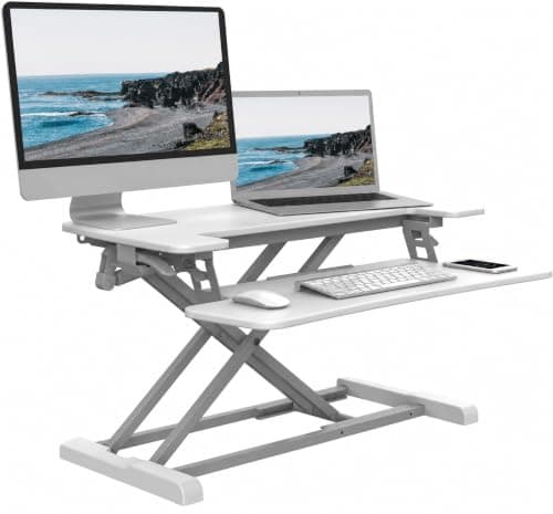 FLEXISPOT Standing Desk Converter 91.5 cm with Wide Keyboard Tray | Height Adjustable Riser, Sit to Stand Dual Monitor and Laptop Workstation, White