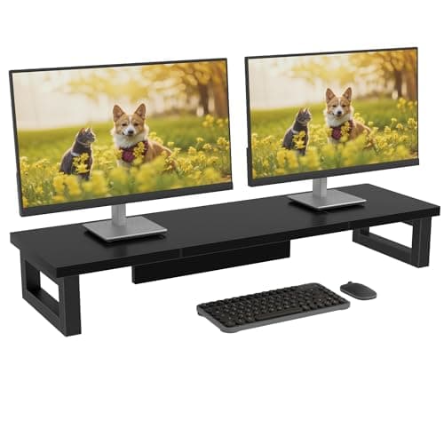 OYRREU Dual Monitor Stand Riser – 91x26cm Desk Shelf for 2 Screens Black