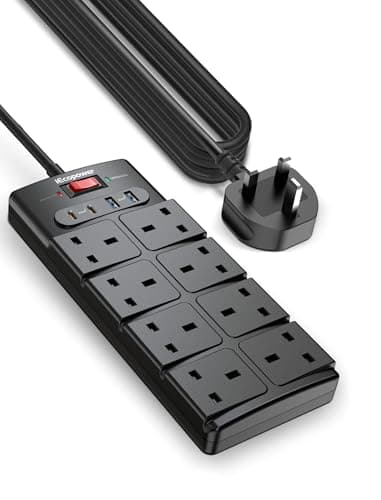 5M Extension Lead with USB Slots,2 USB C Fast Charge Ports(PD20W) and 2 USB-A Ports(18W),Power Strip Surge Protector with 8 way plug extension Socket and Extension cable,Black