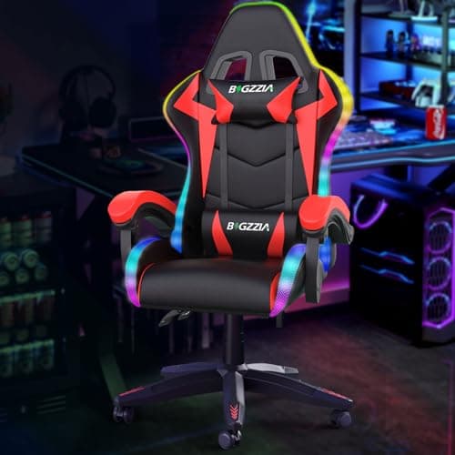 Bigzzia RGB Gaming Chair with LED Lights and Ergonomic Computer Chair Reclining PU Leather High Back Video Game Chair (Black and red, With RGB Lights)