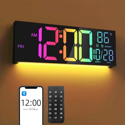 Mee 2ou 16.5" Large LED Digital Wall Clock with Bluetooth Sync, Night Light, Dimming, 2 Alarms, RGB Color, Temperature, Remote Control, 12/24H, Timer for Living Room, Bedroom, Gym, Office