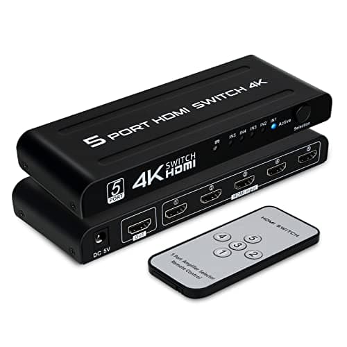 HDMI Switch 5 in 1 Out, 5 Port HDMI Switcher Box HDMI Splitter with IR Remote Control, Support 4K@30Hz, HDR, HDCP, 3D, 1080P HDTV PS3 PS4 Xbox Projector Blu-ray Player+UK Power Supply