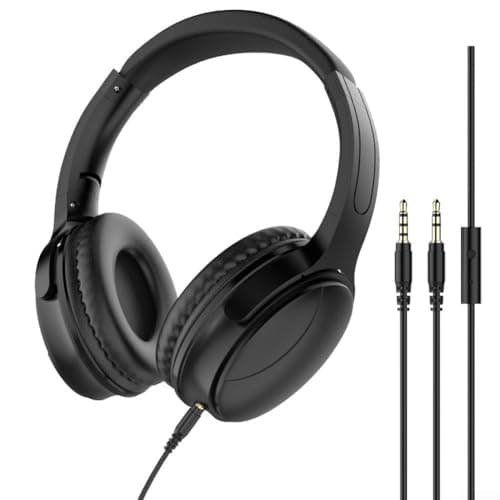 Over Ear Wired Headphones with Microphone, Foldable Lightweight HiFi Stereo Headset, Soft Padding, 2m 3.5mm Jack Wired Headphones for Phone PC Tablet Travel Office School (Black)
