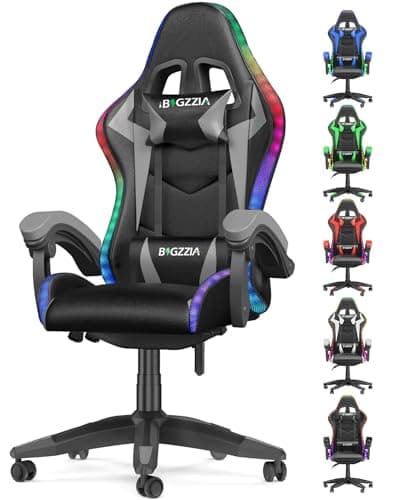 Ergonomic Gaming Chair with LED Lights for Adults (With Led Light, Gray) | Ergonomic,Height Adjustable,Reclining,Headrest,Lumbar Support,Armrests,360°-Swive,PU Leather