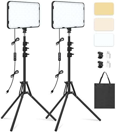 2 Pack LED Video Light with 63'' Tripod Stand, Obeamiu 2500-8500K Dimmable Photography Studio Lighting for Video Film Recording/Collection Portrait/Live Game Streaming/YouTube Podcast