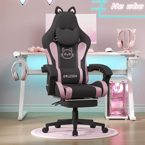 Bigzzia Gaming Chair Cute with Cat Ears and Massage Lumbar Support, Ergonomic Computer Chair for Girl with Footrest and Headrest (Black and Pink)