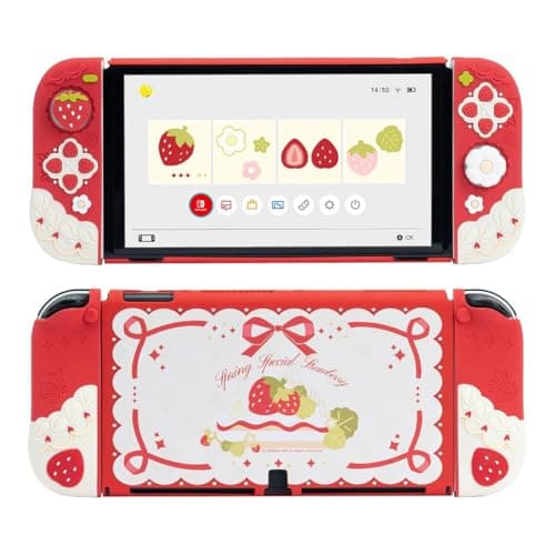 GeekShare Soft Silicone Protective Case Compatible with Switch OLED Anti-Scratch Slim Cover Case Compatible with Switch OLED Separable Protective Shell with 2 Thumb Grip Caps - Strawberries Cream