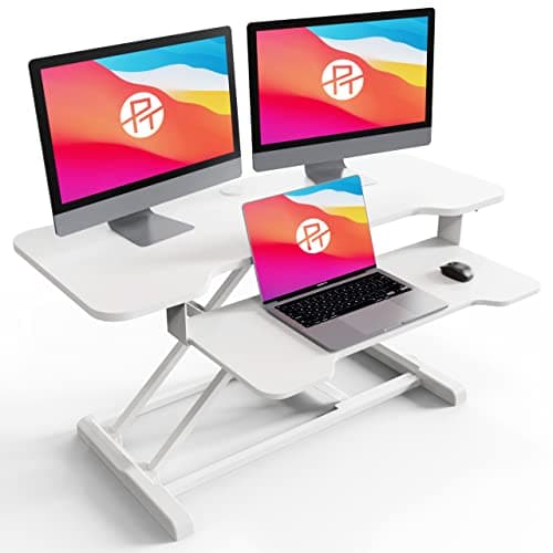 PUTORSEN Standing Desk Converter, 36" Height Adjustable Sit Stand Desk Riser with Keyboard Tray, Dual Tiered Computer Workstation with Cup Holder and Note Board up to 15kg, White