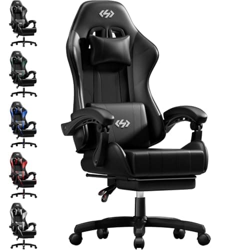 Precision Synergie Gaming Chair for Adults, Ergonomic Video Game Chairs with Footrest, Reclining Computer Chair with Lumbar Support and Headrest, 360° Swivel PC Chairs for Office or Gaming, Black