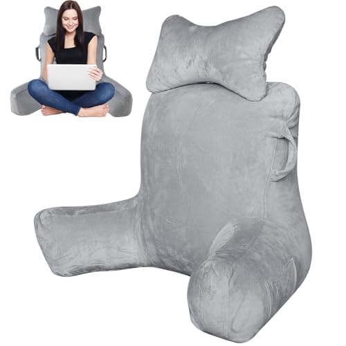 Suewidfay Reading Pillow for Bed Adult, 90x80cm(LxH) Extra Large Bed Rest Back Support Pillow with Detachable Neck Roll and Arm, Cuddle Cushion Backrest Pillow for Sitting Sofa Gaming Relaxing