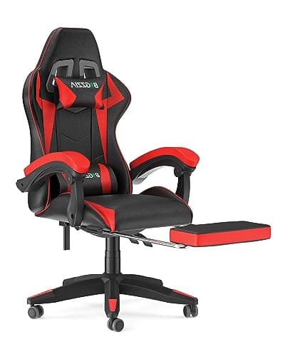 Ergonomic Gaming Chair with Footrest for Adults(With Footrest, Red) | Height Adjustable,Reclining,Headrest,Lumbar Support,Armrests,360°-Swive,PU Leather