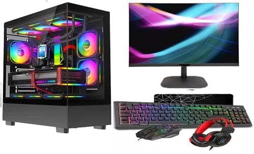 ASC Gaming PC Bundle: AMD Ryzen 5 5500, 16GB RAM, 1TB+256GB SSD, RTX3050 6GB Graphics, 22" Monitor, Windows 11, Black RGB 9 Fan Glass Gaming Case