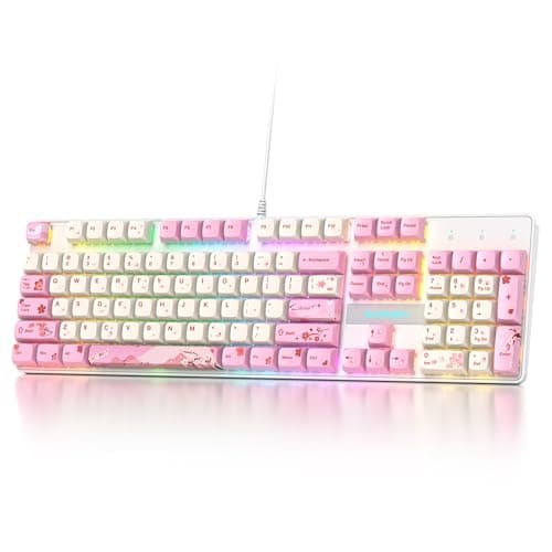 Vumilstek Pink White Full-Size Mechanical RGB Keyboard, American QWERTY 104-Key Wired Quiet Gaming Keyboard Creamy Linear Red Switches Number Pad for Win/Mac PC Gamers&Typists(Pink)