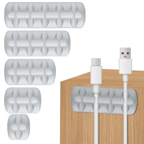 Cable Holder Clips, 5-Pack Wire Organiser, Silicone Self Adhesive Cable Tidy Cord Organizer for USB Charging Wire PC Office Home, Desk Accessories (Grey)
