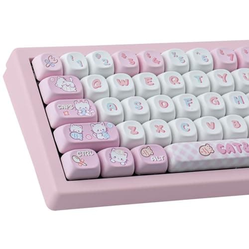 Sunzit Cute Custom Keycaps 141 Keys PBT Keycap Set,MOA Profile keycaps Dye-Sub Pink Cat Eat Fish Keycaps for Cherry MX Switches ISO/ANSI UK Layout Mechanical Gaming Keyboard