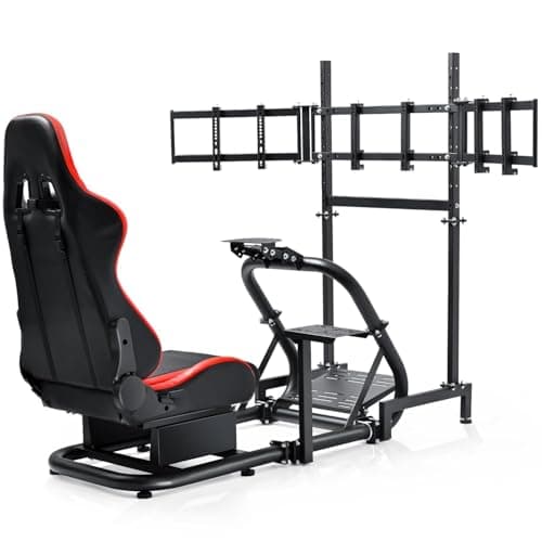 Dardoo Racing Simulator Cockpit with Triple Monitor Stand and Red Seat Fit for Logitech G29 G920 G923, for Thrustmaster T500RS TX, for Fanatec CSL-DD, No Steering Wheel,Pedal,Handbrake