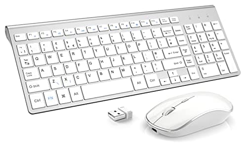 Wireless Keyboard and Mouse Set, JOYACCESS 2.4Ghz Slim Ergonomic Wireless Keyboard and Coreless Silent Mouse Combo 2400DPI for iMac/Mac/PC/Desktop/Computer/Laptop/Windows(UK layout) - Silver + White
