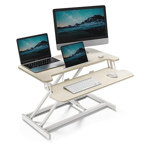 VonHaus Standing Desk Converter, Height Adjustable Computer Workstation with Keyboard Shelf, Dual Monitor Desk Riser w/Tablet Holder - 80x40cm (Light Wood)
