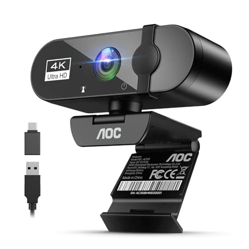 AOC Webcam for PC with Microphone, 4K Webcam Privacy Cover, Plug & Play