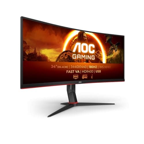 AOC CU34G2XPD/BK 34 inch UW-QHD Gaming Monitor Curved, 180Hz, Fast VA Panel, 1ms GtG, HDR400, FreeSync Premium, Height Adjustment, (3440x1440 HDMI 2x 2.0 USB Hub) Black/Red