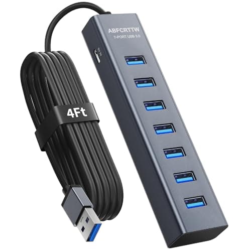 4Ft 7-Port USB 3.0 Hub for Desktop - Aluminium USB Extender Hub 5Gbps, USB Multiport Adapter for Desktop, PC, Flash Drive, Mobile HDD, Windows/XPS, 1.2m