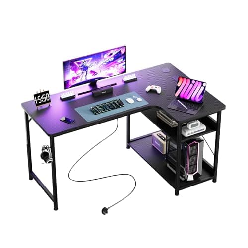 GTPLAYER Gaming Table, 120 x 80 cm, L-Shaped Desk with USB Charging Port and Shelf, Corner Desk with Shelf, Headphone Holder, Computer Desk, PC Table, Gaming Table