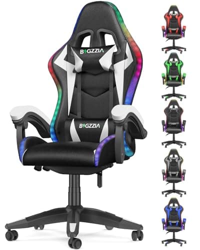 Bigzzia Gaming Chair with RGB Computer Chair with Light Reclining PU Leather Video Game Chair with Headrest Adjustable Lumbar Support (With RGB led, Black/White)